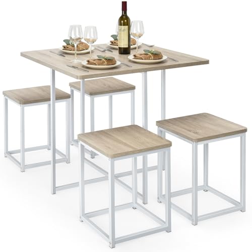 COSTWAY 5-teilige Essgruppe, Esstisch und 4 Stühle, Metallrahmen, für 4 Personen, Bartisch und 4 Barhocker, Sitzgruppe Set für Küche Esszimmer, Esszimmertisch Küchentisch industriell (Natur) von COSTWAY