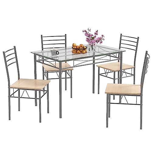 COSTWAY 5 teiliges Esstisch Set, Essgruppe aus Glas mit 4 Stühlen & Metallrahmen, Küchentisch Esszimmergruppe 4 Personen platzsparend für Küche, Restaurant von COSTWAY
