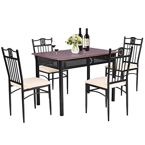 COSTWAY 5 teiliges Esstisch-Set, Essgruppe mit 4 gepolsterten Stühlen, Küchentisch Bistrotisch Esszimmergruppe Sitzgruppe 4 Personen Holz für Küche, Esszimmer (Braun) von COSTWAY