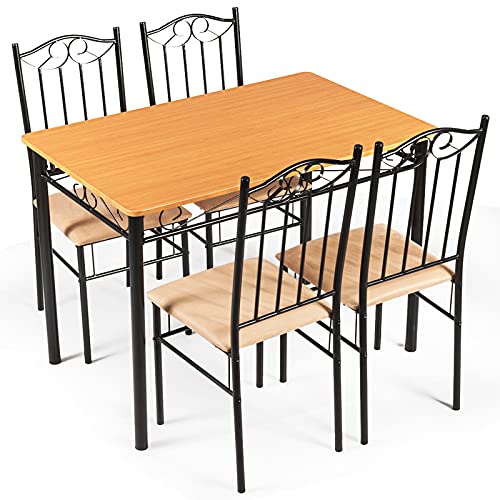 COSTWAY 5-teiliges Esstisch-Set, Essgruppe mit gepolstertem Stuhl, Küchentisch mit 4 Stühlen, Sitzgruppe für Esszimmer, Küche, platzsparend von COSTWAY