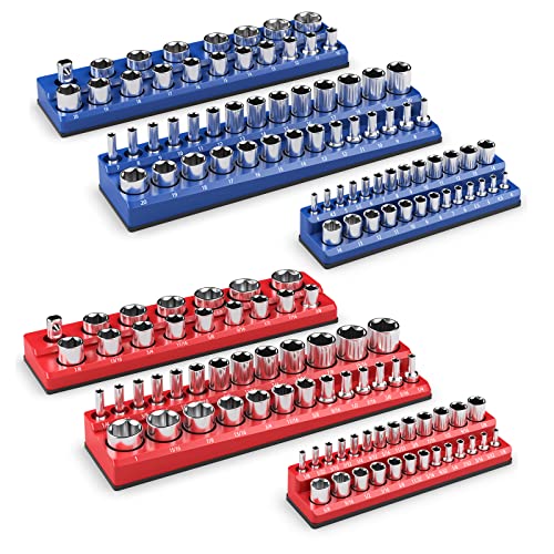 COSTWAY 6 Stk. Steckschlüssel Halter magnetisch, 1/2-Zoll-, 3/8-Zoll- und 1/4-Zoll, Aufsteckschiene für Stecknüsse, Steckschlüsselsatz Schiene Halterung, Rot in Zoll (SAE), Blau in mm (Metrisch) von COSTWAY