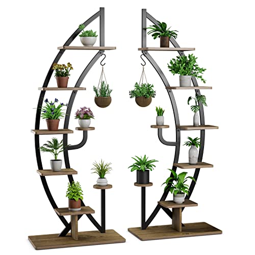 COSTWAY 6-stufiger Metall-Pflanzenständer in Halbmondform, Blumenregal mit 2 kleine Ablagen & oberem Haken, Leiter Pflanzenregal Kippschutz, Blumentopf-Ständer für Garten Balkon Wohnzimmer (2 Stück) von COSTWAY