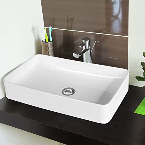 COSTWAY 60x35cm Waschbecken mit Pop-up-Ablauf, Aufsatzbecken rechteckig, Handwaschbecken weiß Keramikbecken ideal für Zuhause und Hotel von COSTWAY