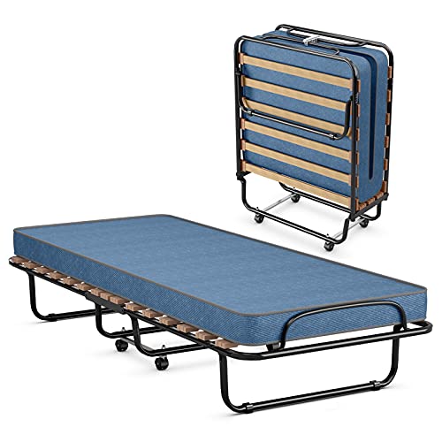 COSTWAY ☀️ 80x190cm Gästebett mit Matratze aus Rückstellschaum, Klappbares Einzelbett, Stabiler Metallbett bis 130kg belastbar, Klappbett auf Rädern, Faltbett Büro Gästezimmer, Tragbares Bett (Blau) von COSTWAY