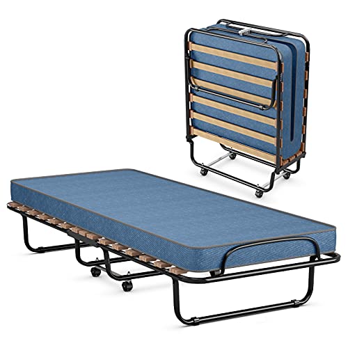 COSTWAY 80x190cm Gästebett mit Matratze aus Rückstellschaum, Klappbares Einzelbett, Stabiler Metallbett bis 130kg belastbar, Klappbett auf Rädern, Faltbett Camping Gästezimmer, Tragbares Bett, Blau von COSTWAY
