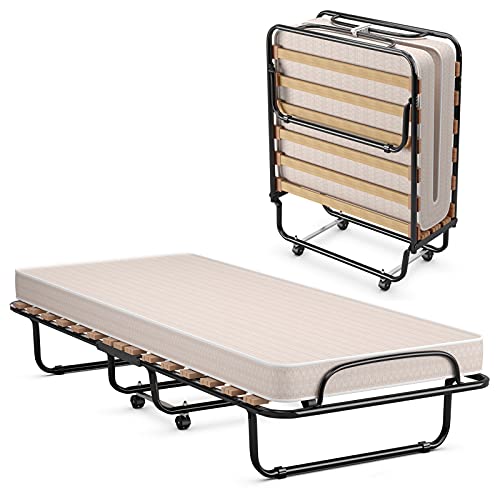 COSTWAY ☀️ 80x190cm Gästebett mit Matratze aus Rückstellschaum, Klappbares Einzelbett, Stabiler Metallbett bis 130kg belastbar, Klappbett auf Rädern, Faltbett Büro Gästezimmer, Tragbares Bett (Beige) von COSTWAY