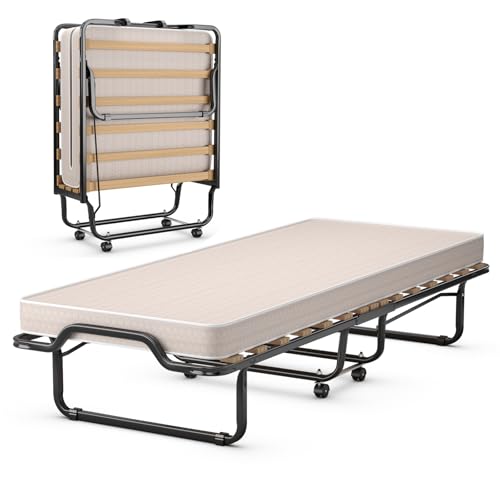 COSTWAY 80x200cm Gästebett Klappbar, Faltbares Faltbett mit Matratze aus Rückstellschaum, Klappbett mit stabilem Stahlrahmen, bis 120kg, Metallbett auf Rädern, für Gästezimmer Camping (Beige) von COSTWAY
