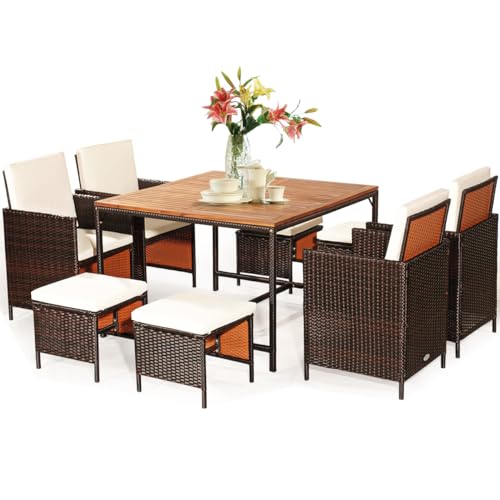 COSTWAY 9 TLG. Polyrattan Set Rattanmöbel, Garten Esssitzgruppe mit Tisch, klappbarem Sessel & Ottomane, Gartenmöbel platzsparend, Sitzgruppe mit Kissen, Essgruppe Ratten für bis zu 8 Personen (Beige) von COSTWAY