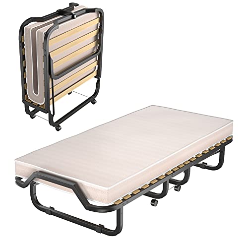 COSTWAY 90x200cm Gästebett mit Matratze aus Rückstellschaum, Klappbares Einzelbett, Stabiler Metallbett bis 120 kg, Klappbett auf Rädern, Faltbett für Camping & Gästezimmer, Tragbares Bett (Beige) von COSTWAY