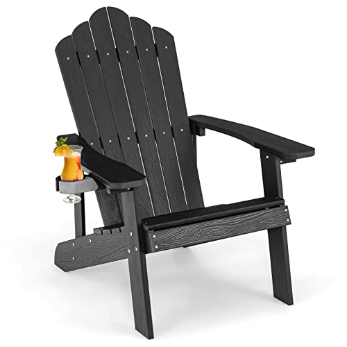 COSTWAY Adirondack Stuhl mit Getränkehalter, wetterfester Gartenstuhl, Gartensessel aus Kunststoff, Outdoor-Stuhl für Garten, Terrasse, 170 kg Tragfähigkeit (Schwarz) von COSTWAY