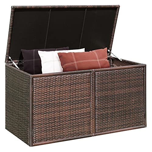 COSTWAY Auflagenbox Rattan 335L Stauraum, Kissenbox mit Doppeltüren & Ablage, Truhenbank Sitzbank für Terrasse Garten Balkon 115x60x65cm (Braun) von COSTWAY