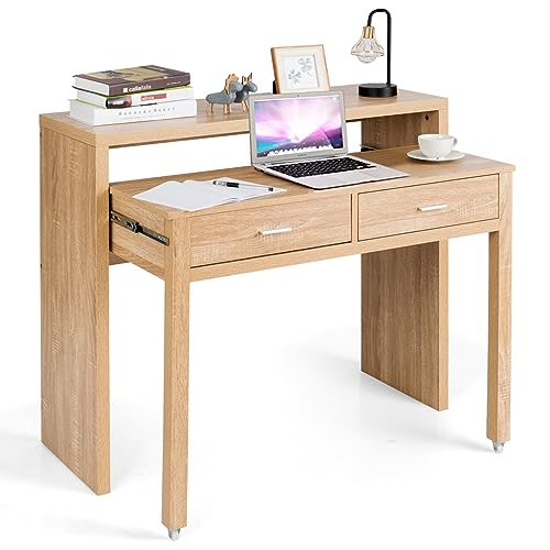 COSTWAY Ausziehbarer Schreibtisch, Computertisch mit 2 Schubladen, Kleiner PC-Tisch, Bürotisch, Arbeitstisch für kleine Räume, Natur von COSTWAY