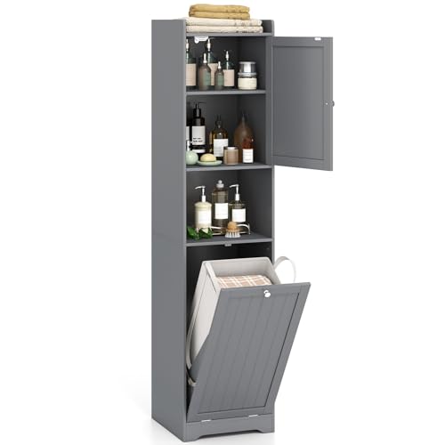 COSTWAY Bad Hochschrank mit Wäschekorb, Badezimmerschrank mit verstellbarem Regal & offenem Fach, Badschrank Holz, inkl. 48L herausnehmbarer Wäschesack, 40 x 40 x 170cm (Grau) von COSTWAY
