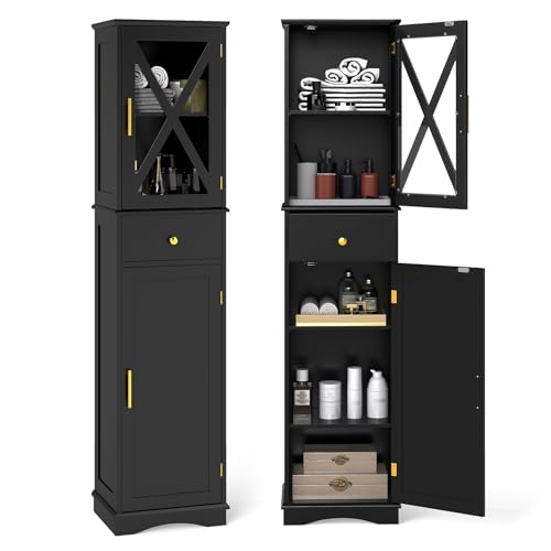 COSTWAY Badezimmerschrank, Hochschrank mit verstellbaren Einlegeböden, Schublade, 2 Türen, Badschrank hoch, Aufbewahrungsschrank für Badezimmer, Wohnzimmer (Schwarz) von COSTWAY