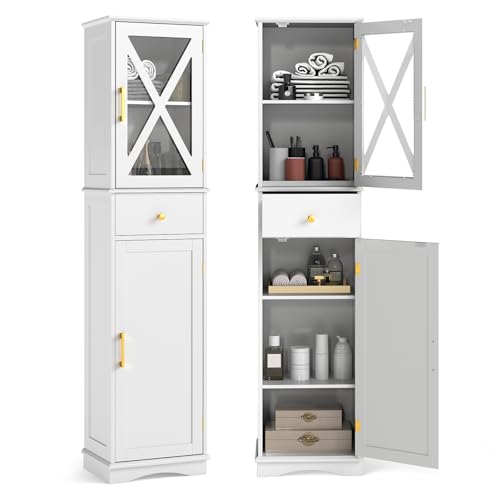 COSTWAY Badezimmerschrank, Hochschrank mit verstellbaren Einlegeböden, Schublade, 2 Türen, Badschrank hoch, Aufbewahrungsschrank für Badezimmer, Wohnzimmer (Weiß) von COSTWAY