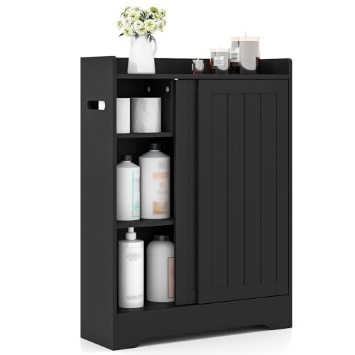 COSTWAY Badezimmerschrank, Nischenschrank mit seitlichem Toilettenpapierhalter & Bürstenfach, Badschrank schmal, Nischenregal mit Schiebetüren & verstellbaren Regalen, Toilettenschrank Holz (Schwarz) von COSTWAY