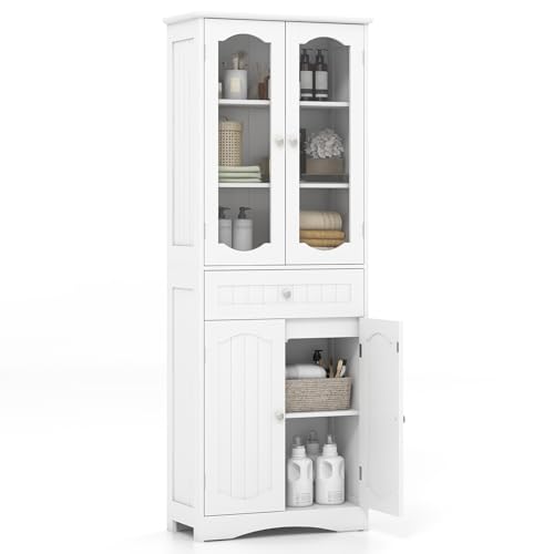 COSTWAY Badezimmerschrank, Badschrank Hochschrank mit 4 Türen & Schublade & verstellbarem Einlegeboden, Aufbewahrungsschrank für Wohnzimmer, Badezimmer, Küche, 60 x 30 x 160 cm (Weiß) von COSTWAY