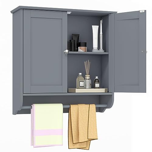 COSTWAY Badschrank hängend, Badezimmerschrank mit Handtuchhalter, Hängeschrank Holz, Medizinschrank Wandschrank für Badezimmer, 60 x 21 x 61 cm (Grau) von COSTWAY