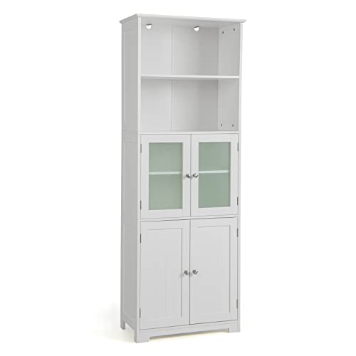 COSTWAY Badschrank mit Glastüren, 2 offenen Fächern und verstellbaren Regalen, hoher Badezimmerschrank, Badkommode Aufbewahrungsschrank für Badezimmer, Küche, Wohnzimmer (Weiß) von COSTWAY