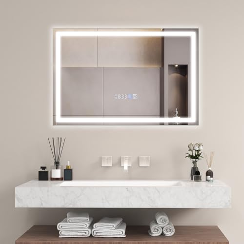 COSTWAY Badspiegel mit Beleuchtung, 75 x 50 cm LED Spiegel dimmbar 3000K-6000K, Anti-beschlag Badezimmerspiegel mit Uhr, Touchschalter & Memory-Funktion, Wandspiegel rechteckig von COSTWAY