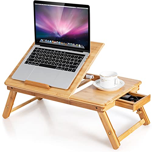 COSTWAY Bambus Laptoptisch klappbar, Notebooktisch höhenverstellbar & neigbar & belüftet, Lapdesk mit Schublade, Faltbare Betttisch für Lesen Frühstücks, Natur, 53 x 33 x 20-26,5 cm von COSTWAY