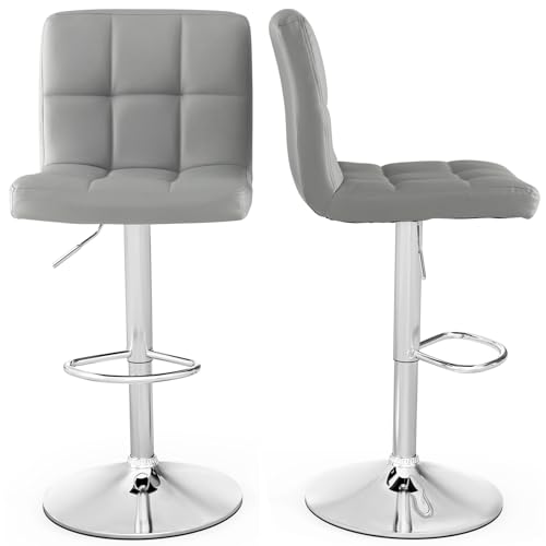 COSTWAY Barhocker, Barstühle 65-85 cm Höhenverstellbar aus Kunstleder, Sitzhocker mit Rückenlehne & Fußstütze, Küchenhocker für Esszimmer, Bar, Zuhause, 150kg Belastbar (2 er Set,Grau) von COSTWAY
