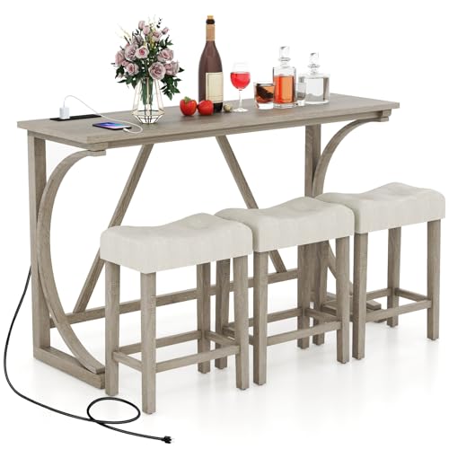 COSTWAY Bartisch mit Barhocker Set, 2-3 Personen Bartisch Set, mit 2 Steckdosen & 2 USB-Anschlüssen, Essgruppe Tresentisch Küchentisch Set Küchentheke für Wohnzimmer, Esszimmer und Küche, Landstil von COSTWAY