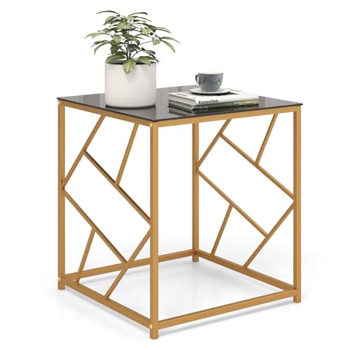 COSTWAY Beistelltisch, Couchtisch mit gehärteter Glasplatte & Metallrahmen 50 x 50 x 55 cm, moderner Sofatisch Nachttisch für Wohnzimmer und Schlafzimmer, Schwarz + Gold von COSTWAY