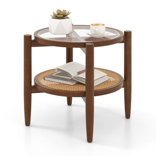 COSTWAY Beistelltisch, Couchtisch rund mit gehärteter Glasplatte, Nachttisch mit Rattan Ablage & Holzbeinen, Sofatisch 56 x 56 x 46 cm von COSTWAY