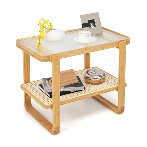 COSTWAY Beistelltisch, Couchtisch mit abnehmbarer Glasplatte und Rattanablage, Kaffeetisch mit Gestell aus Bambus, Nachttisch 70,5 x 44,5 x 54,5 cm von COSTWAY