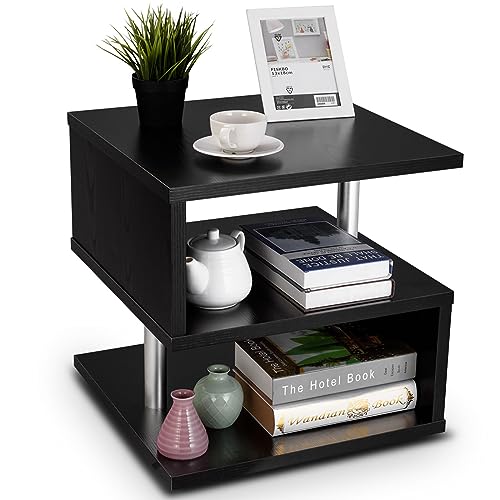 COSTWAY Beistelltisch 50x50x50 cm, Sofatisch aus Holz & Metall, Kaffeetisch 3 Ebenen, Couchtisch mit Stauraum, Nachttisch mit rutschfesten Matten, Telefontisch Quadratisch Wohnzimmertisch (Schwarz) von COSTWAY
