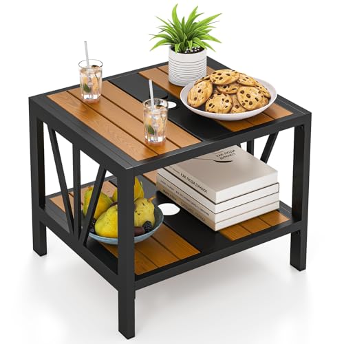 COSTWAY Beistelltisch Outdoor wetterfest, Gartentisch mit Schirmloch & Ablage, Kleiner Balkontisch, Kaffeetisch für Garten, Balkon, Terrasse, 52 x 46 x 45 cm von COSTWAY