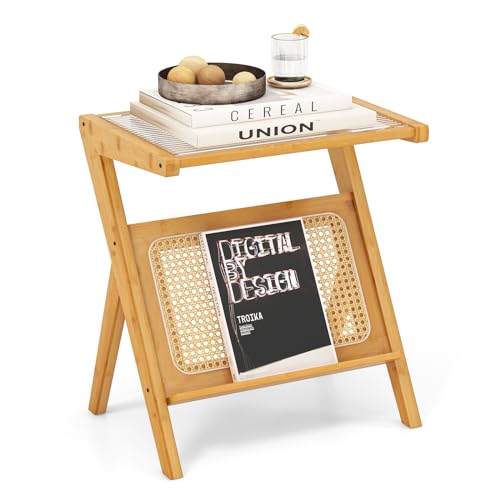 COSTWAY Beistelltisch, Bambus Couchtisch mit Rattan Magazinhalter, Z-förmiger Wohnzimmertisch mit gehärteter Glasplatte, 50 x 36 x 56 cm von COSTWAY