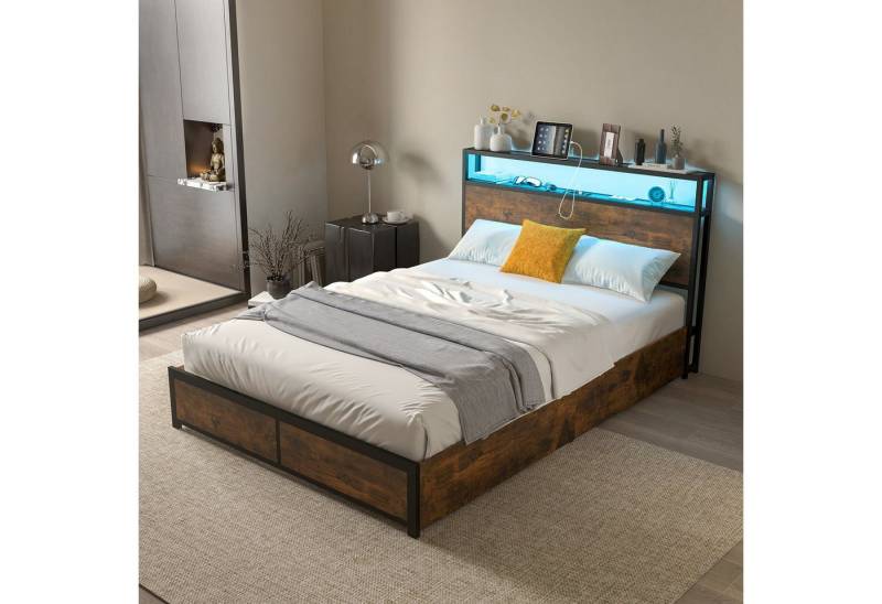 COSTWAY Bettgestell, mit LED Beleuchtung, Ladestation & 4 Schubladen. 140x200cm von COSTWAY