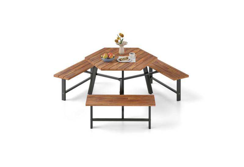 COSTWAY Bierzeltgarnitur, (4-tlg), Picknicktisch Set, Tisch mit Schirmloch & 3 Bänken von COSTWAY