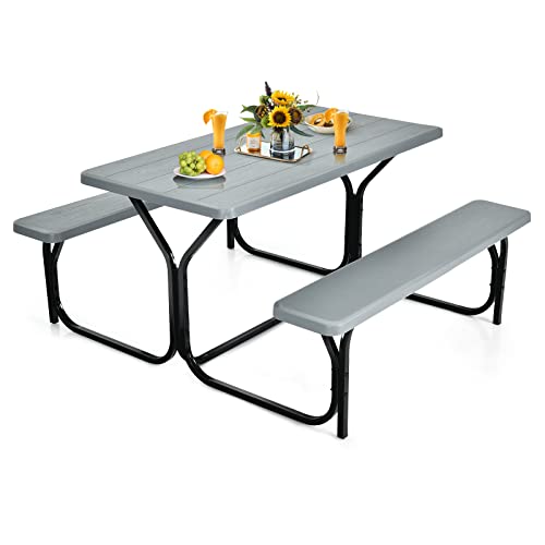 COSTWAY Bierzeltgarnitur, Picknicktisch & 2 Sitzbänke mit Metallrahmen, Campingtisch Set Festzeltgarnitur für Terrasse, Garten, Pool, 137 x 150 x 72 cm (Grau) von COSTWAY