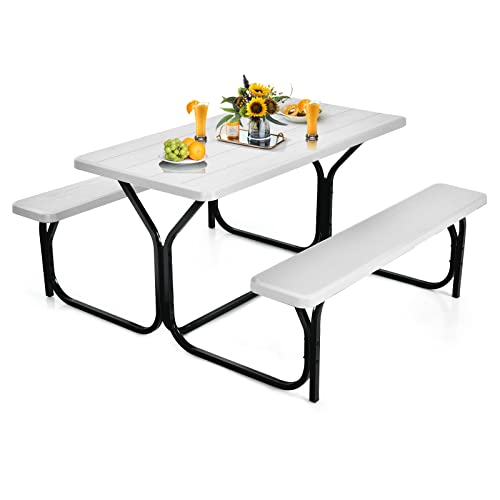 COSTWAY Bierzeltgarnitur, Picknicktisch & 2 Sitzbänke mit Metallrahmen, Campingtisch Set Festzeltgarnitur für Terrasse, Garten, Pool, 137 x 150 x 72 cm (Weiß) von COSTWAY