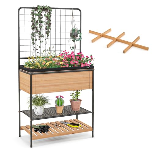 COSTWAY Hochbeet mit Ablagen & Spalier, Blumenbeet mit Abnehmbarer Trennwand & Ablauflöchern, Gartenbeet Holz, Blumenkasten mit Rankgitter für Kletterpflanzen, Garten Terrasse Balkon, 80x38x150cm von COSTWAY