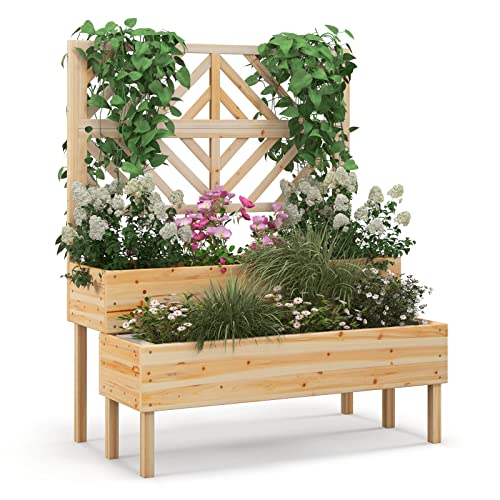 COSTWAY Blumenkasten mit Spalier aus Tannenholz, Gartenspalier mit 2 Rankkästen, Pflanzkasten für Kletterpflanzen, Hochbeet mit Rankgitter & Drainageloch, Blumenkübel für Garten Hof Balkon (Natur) von COSTWAY