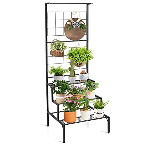 COSTWAY Blumenregal mit Rankgitter, Blumentreppe Metall, Blumenständer mit Spalier & 3 Ebenen, Pflanzenständer für Garten Balkon Terrasse, Stehende Pflanzentreppe, 60x57x157cm, Schwarz von COSTWAY