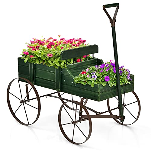 COSTWAY Blumenständer Holzwagen Pflanzwagen Blumenwagen mit Metall Rädern Blumenkasten Pflanzenständer für Garten und Terrasse 35x63x62,5cm (Grün) von COSTWAY