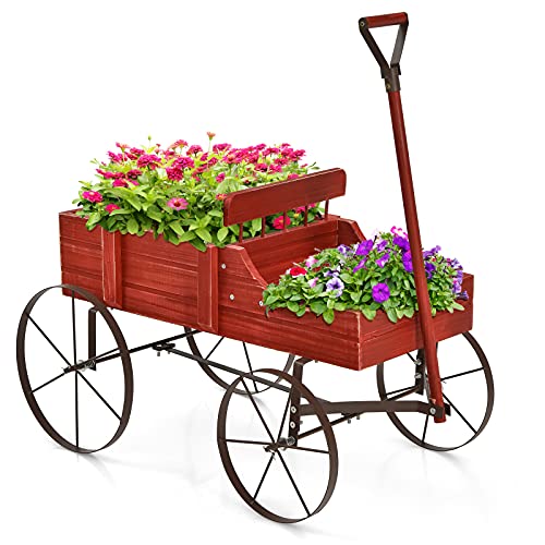 COSTWAY Blumenständer Holzwagen Pflanzwagen Blumenwagen mit Metall Rädern Blumenkasten Pflanzenständer für Garten und Terrasse 35x63x62,5cm (Rot) von COSTWAY