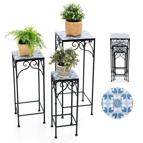 COSTWAY Blumenständer Mosaik 3er Set, Blumenhocker Garten Quadratisch, Blumentreppe Metall, Gartentisch Beistelltisch Mosaiktisch, Pflanzenständer Pflanzenhocker, für Terrasse Balkon Zuhause, Blau von COSTWAY