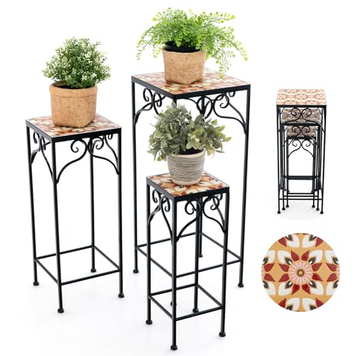 COSTWAY Blumenständer Mosaik 3er Set, Blumenhocker Garten Quadratisch, Blumentreppe Metall, Gartentisch Beistelltisch Mosaiktisch, Pflanzenständer Pflanzenhocker, für Terrasse Balkon Zuhause, gelb von COSTWAY