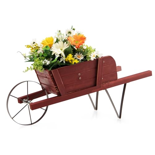 COSTWAY Blumenwagen, Pflanzwagen mit 9 magnetischen Zubehörteilen & 1 Eisenrad & 2 Griffen, Blumenkarre aus Kiefernholz für Innen- & Außenbereich, 5kg belastbar (Rot) von COSTWAY