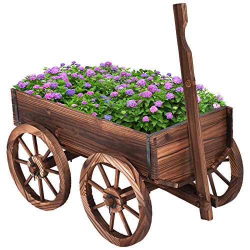 COSTWAY Blumenwagen Holz, Pflanzwagen 4 Rädern, Blumenkarre Pflanztopf Bollerwagen Garten Dekoration braun 120x43x53,5cm von COSTWAY