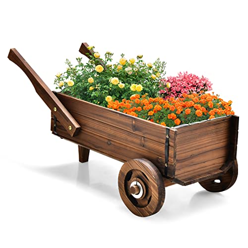 COSTWAY Blumenwagen Holz, Pflanzwagen mit Rädern und Griffen, Blumenkarre mit Abflussloch, Pflanztopf Bollerwagen, Schubkarre Gartendeko, Rustikaler Pflanzkarre für Garten Terrasse, Braun von COSTWAY