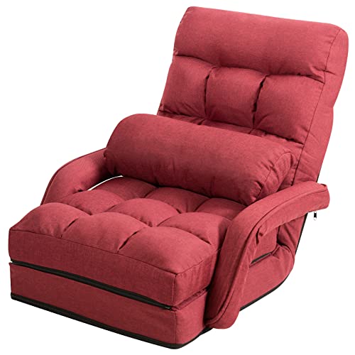 COSTWAY Bodenstuhl mit Schlaffunktion, Bodensofa mit Verstellbarer Rückenlehne, gepolstertes Klappsofa mit Armlehnen und Kissen, Bodensessel, Bodenstuhlsofa für Zuhause und Büro (Rot) von COSTWAY