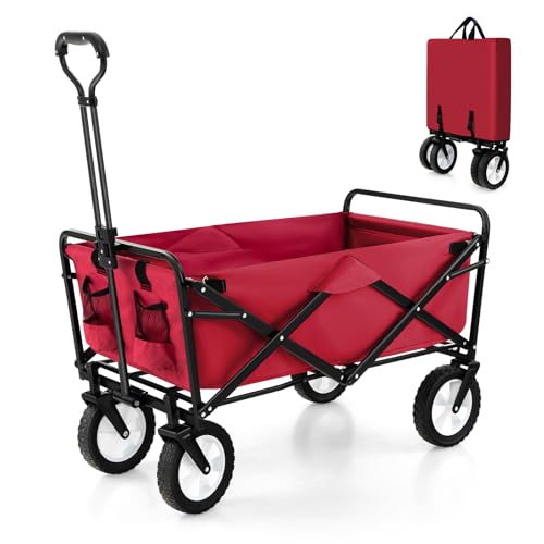 COSTWAY Bollerwagen faltbar, Handwagen mit verstellbarem Griff und Getränkehaltern, Gartenwagen bis 68 kg belastbar, Transportwagen für Einkaufen, Camping (Rot) von COSTWAY