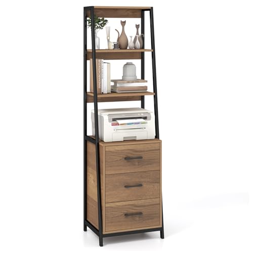 COSTWAY Bücherregal, Büroregal mit 3 Schubladen & 4 offenen Regalen, Leiterregal Industrie-Design, Standregal Holz & Metall, schmales Regal für Wohnzimmer Arbeitszimmer Büro, 51x40x175cm (Braun) von COSTWAY